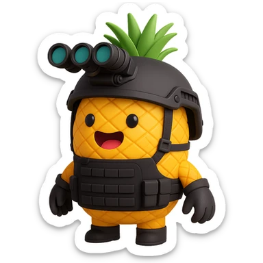 Make the pineapple wear special forces gear including a tactical helmet with night vision goggles, a black tactical vest, and gloves. The background should be transparent with no background. sticker