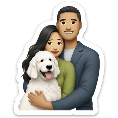 asian couple with straight hair hugging with a big white goldendoodle sticker