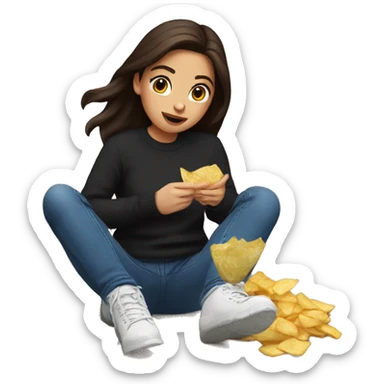 Brunette girl with black sweater an blue jeans and brown Uggs eating chips sticker