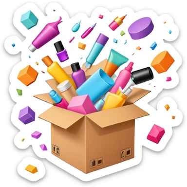 exploding cardboard box with beauty products flying out in a chaotic, disorganized way sticker