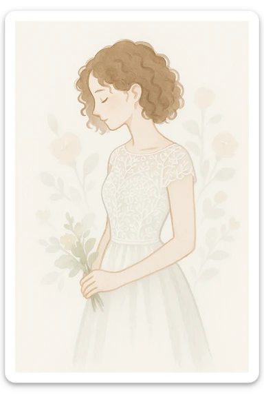 bride with curly hair, detailed lace dress, romantic pose, floral background, watercolor style sticker