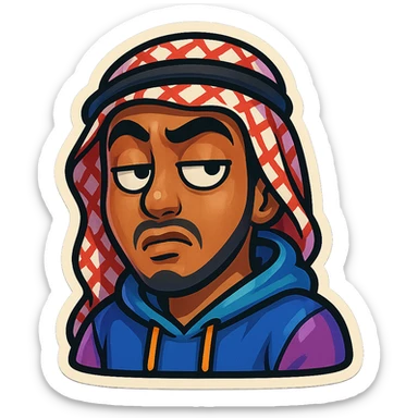 cartoonish, bold, vibrant emoji-style sticker of Ara, an Arab young man with medium brown skin, black hair, wearing casual urban Middle Eastern streetwear like a keffiyeh scarf or hoodie, giving a sarcastic side-eye with exaggerated expression sticker