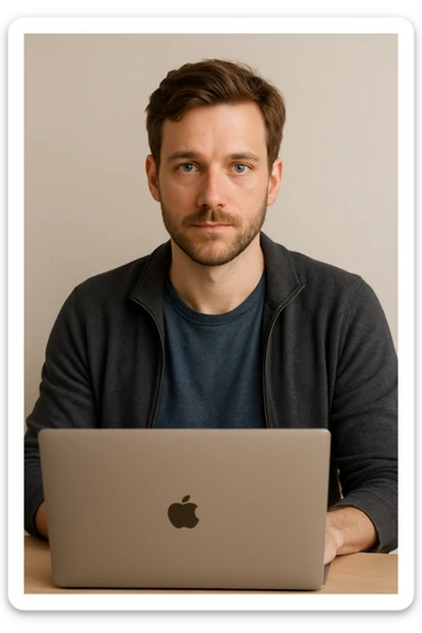 European man with blue eyes using a MacBook, casual modern look, neutral background sticker