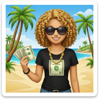 Smiling person with curly hair wearing black t-shirt and necklace, sunglasses, showing dollar bills, beach with palm trees sticker