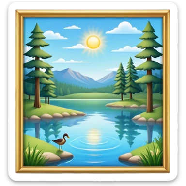 Cinematic Realistic Lake Emoji, Calm and reflective, with clear blue waters mirroring the surrounding landscape, framed by tall trees and grassy shores. The sunlight sparkles on the water’s surface while birds and animals play at the edge. Soft glowing outline, capturing the essence of peaceful serenity in a tranquil lake. sticker
