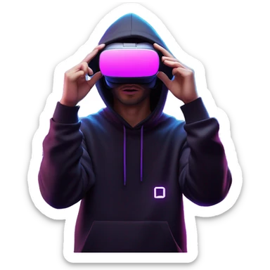 Russian man wearing a black hoodie with "OMG" letters on it and VR headset oculus quest 2 in a cyberpunk VR environment with violet neon lighting. Showing direction with hand sticker