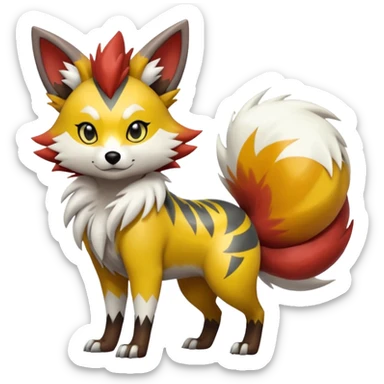 Gren-Yellow-Mango-Gradients-colored Lycanroc-Furret-Zorua-Poochyena-fusion, full body, with black and white edgy markings patterns sticker