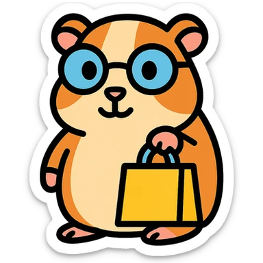 studious guinea pig with glasses holding a shopping bag, cute outlined colorful style sticker