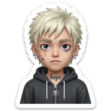 boy zombie asia spiky long platinum gold hair, hoodie zip is vignette skull wear piercings tatto "hope" sticker