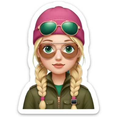 girl with pigtailed blond hair
with blue eyes and aviator sunglasses

wearing beanie
wearing (rose gold apple watch with forest green band) sticker