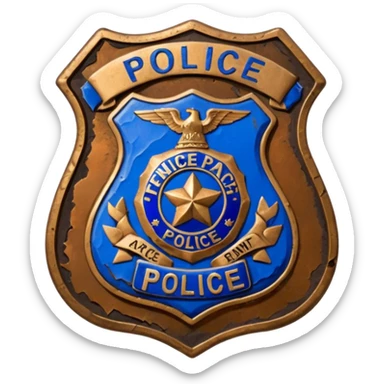 cinematic - aesthetic brilliant divine lighting, oil paint - antique police badge rusty, crumpled and broken sticker