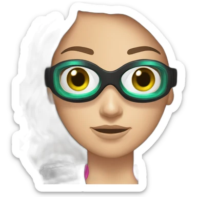 woman with underwater scubadiver gear with green and blue eyes, large and straight brown hair, pink diving underwater black suit gear sticker