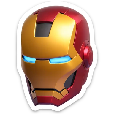 Iron Man helmet close-up, shiny metallic finish, dramatic lighting, 3D style sticker