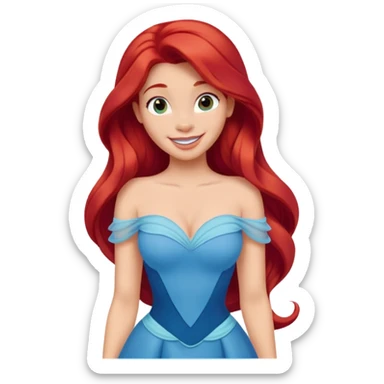 Disney human Ariel with long red hair wearing a blue dress, smiling sticker