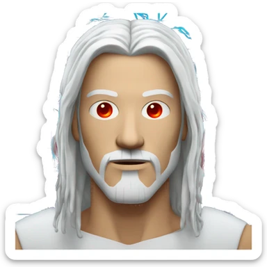 White long hair and goatee male cyborg head with red skin and circuits sticker