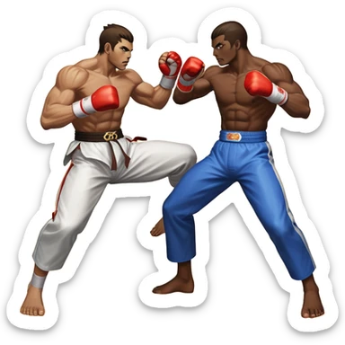 An icon showing two fighters in an intense battle, inspired by Tekken. The design features dynamic poses, with powerful punches and kicks, and a vibrant action-packed background. Health bars are visible at the bottom, showing each player’s status. Transparent background. sticker