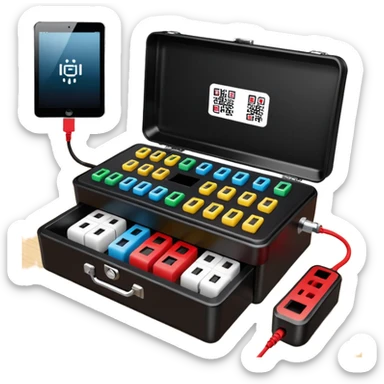 Open professional black testing case on wooden desk. Interior: control panel with colored sockets, USB ports, and power outlet. Inside: a roll of white QR-code calibration stickers.  red test probe.  sticker