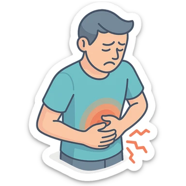detailed 2D isometric illustration of a person (patient) with stomach pain, waist up, close-up, holding stomach, face and pose expressing discomfort, soft rounded shapes, shadows and highlights, clean contours, pastel palette, modern illustration, transparent background sticker
