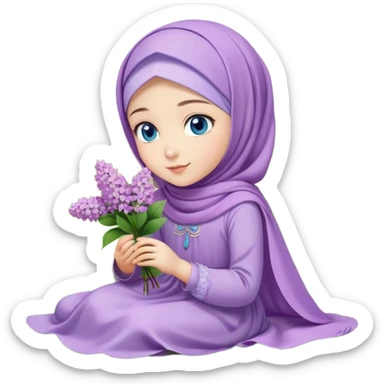Turkish beautiful finish Konya girl blue eyes with lilac flower hijab long tail dress and sits on the grass on the ground and hold lilac flower on hand  sticker