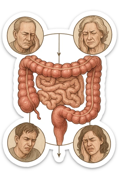 UNA SFILZA DI PARENTI TUTTE MALATE DI CANCRO AL COLON, SI TRAMANDO IL CANCRO NELLE GENERAZIONI, INTESTINO ANATOMICO VISIBILE ED ESPRESSIONE DI DOLORE IN VOLTO, MAL DI PANCIA sticker