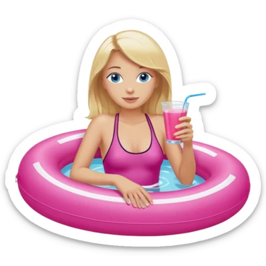 woman with blonde hair and blue eyes sitting in pink pool tube in a pool sipping a drink sticker