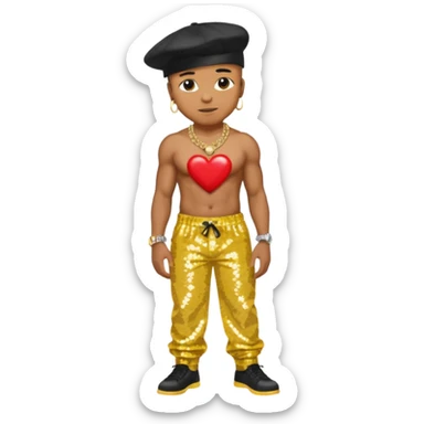 LL Cool J with yellow sequin baggy pants, shirtless with necklace with red heart, black hat sticker