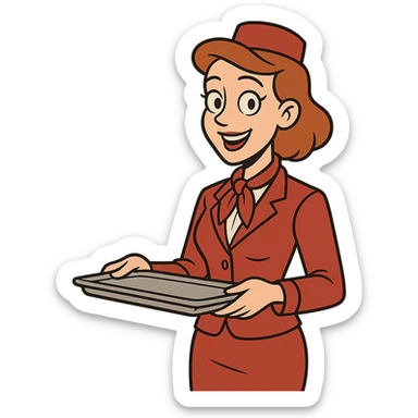 flight attendant in a red uniform, holding a tray, modern illustration, minimal background sticker