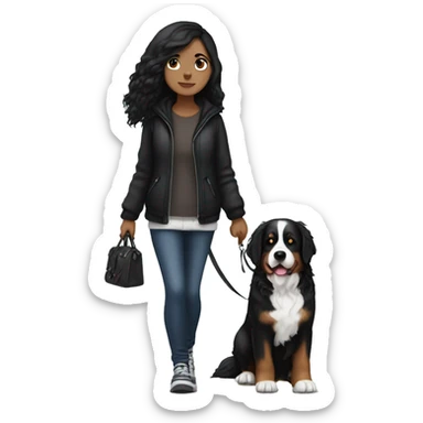 Gothic white girl with black hair walking a bernese mountain dog  sticker