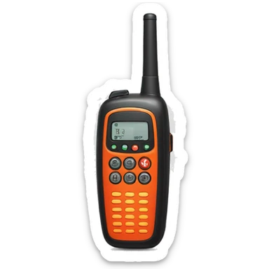 black walkie talkie with red-orange button on side sticker