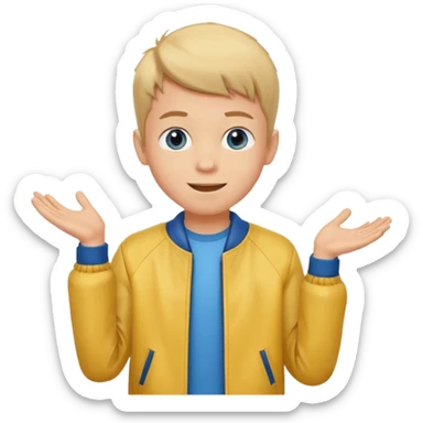 boy with good hair cut shrugging his shoulder, wearing yellow jacket and smile sticker