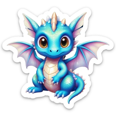 Airbrush painted image of an adorable little baby dragon with large glistening eyes sitting beside a tree under a deep galactic sky with pearlescent scales and wings spread against the stars sticker