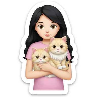 a girl with long wavy black hair using a baby pink t-shirt holding a blonde persian cat sticker