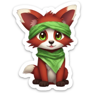 Cute, Chibi, Kemono-style, Anthro, Fur-Sona, Dark-Red, RedPanda-Mouse-hybrid-Transformice-Fakémon, with a green bandana, full body sticker