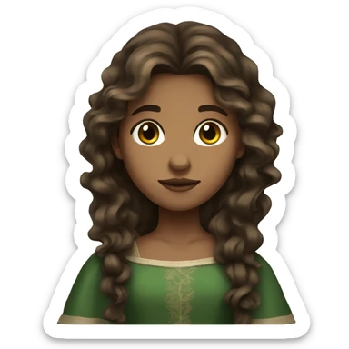 girl with brown long wavy hair, brown black eyes, green medieval dress sticker