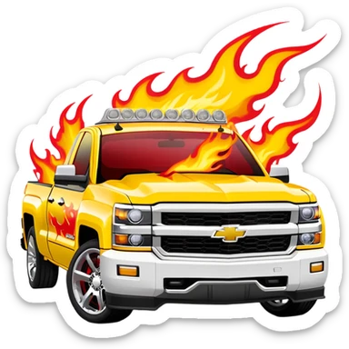 Bright yellow Chevrolet Silverado with bold airbrushed red flame artwork covering entire hood and extending to fenders, authentic Kill Bill custom paint job, 30-degree angle, iOS emoji style sticker