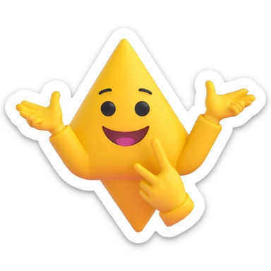 A 2D cartoon-style yellow emoji with a mischievous smile, triangle-shaped eyes, and both hands pointing upward with index fingers.  clean digital style, and a fun, dancing expression. Style similar to children’s drawing tutorials, dancing expression. No background, isolated on white.  sticker