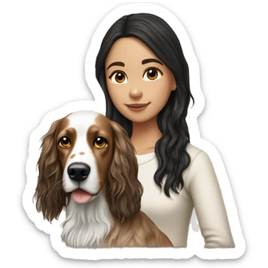 hyperrealist caucasian girl black long hair, brown eyes, light skin with brown english setter dog sticker