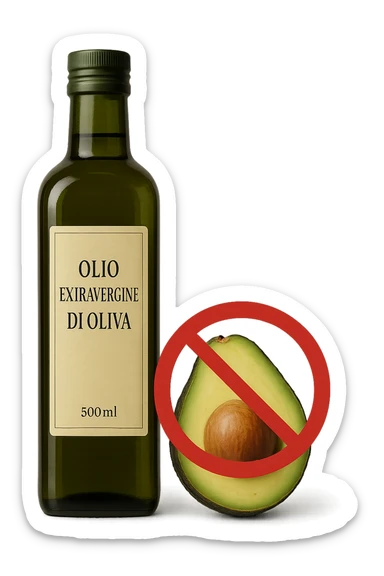 BOTTIGLIA DI OLIO EVO CON LA SCRITTA "OLIO EXTRAVERGINE DI OLIVA" SULL'ETICHETTA E AVOCADO CON DIVIETO SOPRA,  iperrealistico 4k sticker