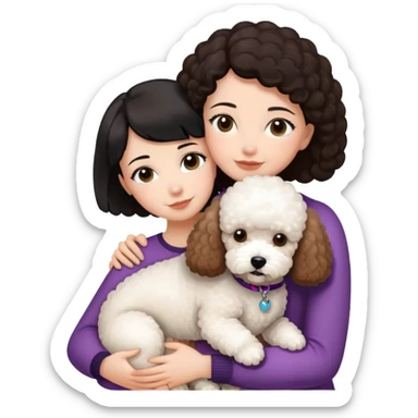 Woman with short black straight hair hugging a brown poodle and a white bichon frise sticker