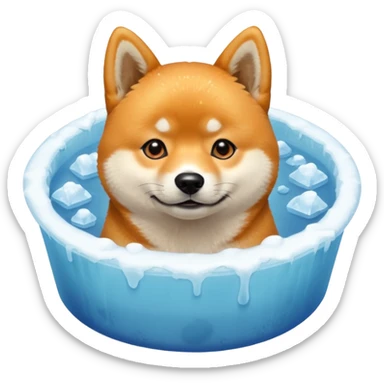 ice bath with a dog in id from wood round. write ice bath  on the ice bath and make it high quality. the dog is a shiba inu. the ice bath has a lot of ice and on the floor sticker