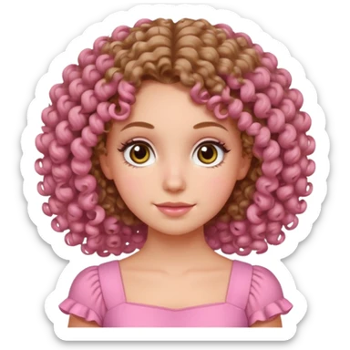 White girl with Fizzy curly hair and hazel eyes with dimple in her right cheek and wear pink dress  sticker
