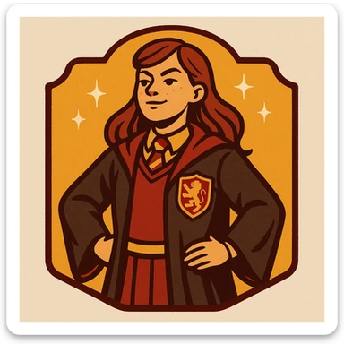 A stylized badge for Gryffindor's head girl, showing a girl in Hogwarts robes with a lion crest, bold red and gold colors, magical sparkles, and a sense of leadership. sticker