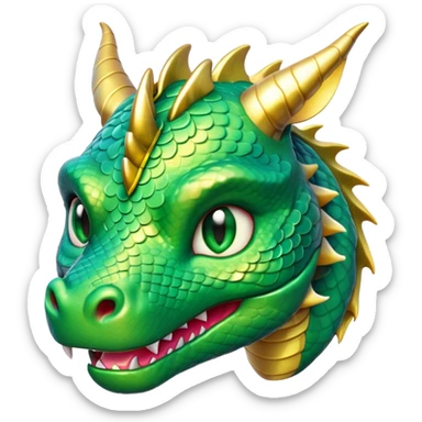 Cinematic Cute Dragon Portrait Emoji, Head tilted playfully and inquisitively, featuring a sleek, serpentine form adorned with iridescent scales that shift between emerald and gold, a delicate set of subtle horns, and round, sparkling eyes full of curious magic; rendered with realistic detail and warm natural light, high shine, affectionate and enchanting, styled with a touch of whimsical fantasy, soft glowing outline, capturing the essence of a mischievous yet lovable dragon that seems poised to slither playfully into your arms! sticker