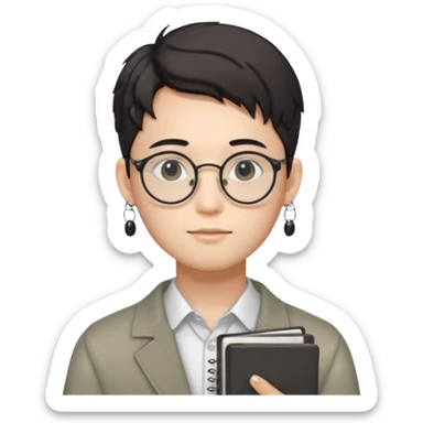 korean male guy 20s wearing an apnotebook, wearing radio earrings, round glasses, achromatic clothes, and achromatic clothes. sticker