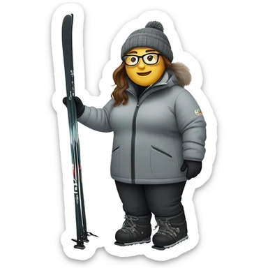 chubby female skier with long hair, glasses, grey snow jacket, black pants and black skis without ski poles sticker