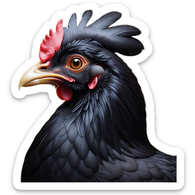 Cinematic Noble Black Chicken Portrait Emoji, Poised and regal, with a compact, sturdy build and a glossy, well-groomed pure black plumage, deep-set soulful beady eyes, Simplified yet sharp and sophisticated features, highly detailed, glowing with a soft, dignified glow, high shine, intelligent and alert, stylized with an air of mysterious elegance, focused and attentive, soft glowing outline, capturing the essence of a watchful and confident fowl, so majestic it feels as though it could strut out of the screen with effortless authority! sticker