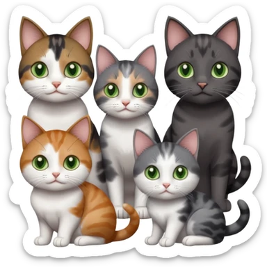 4 different coloured small cats including a dark grey and white, and a patchy calico, and a brown tabby and white,  and a completely solid dark grey with green eyes and only white paws sticker