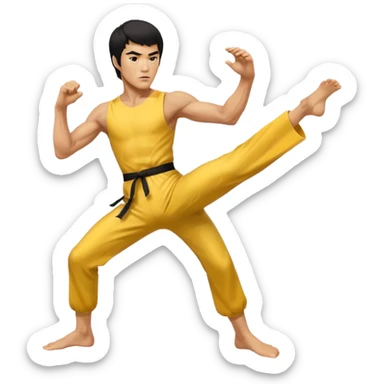 fierce Bruce Lee, high kick, determined face, yellow jumpsuit sticker