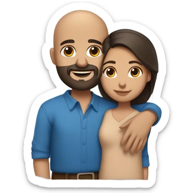 Comforting hug from brunette Puerto Rican with dark brown eyes wearing a cute blue blouse to short, bald man with brown eyes and a beard sticker