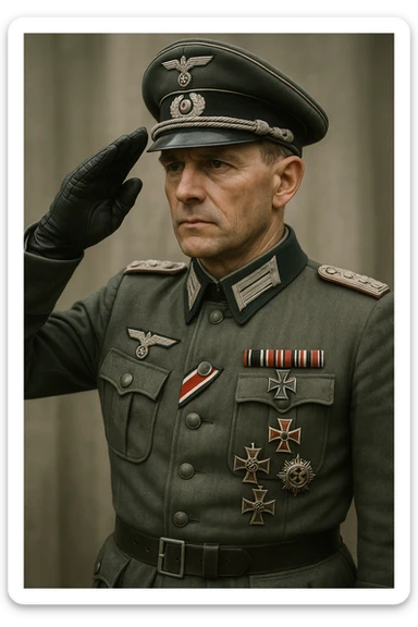 World War II German officer saluting, detailed uniform with medals, historically accurate, realistic style sticker